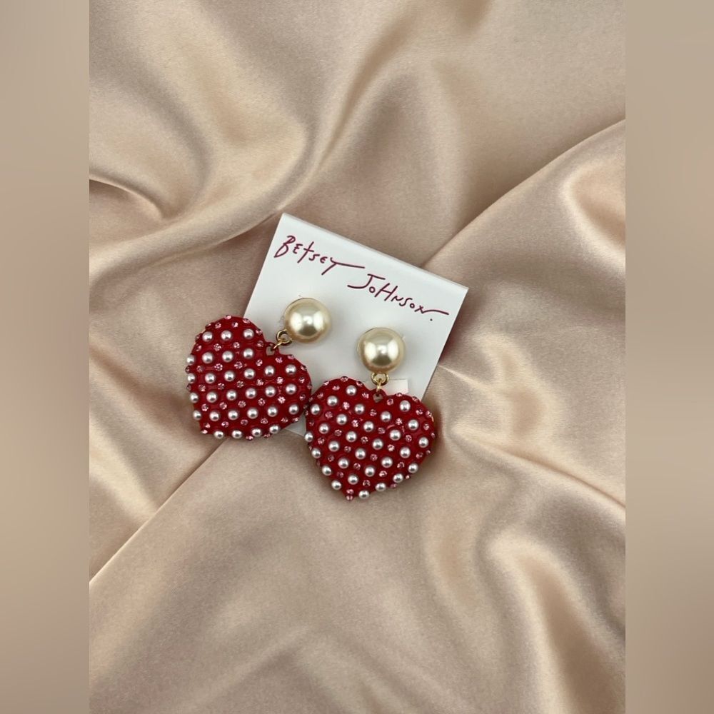 Betsey Johnson Red Heart Earrings with Pearls and Crystals